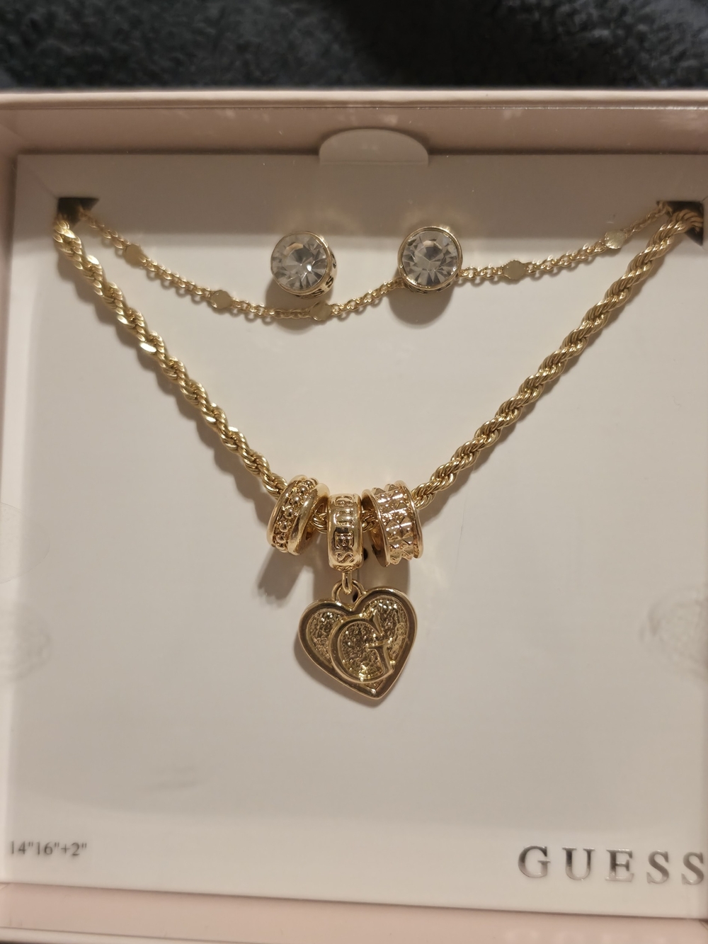 GUESS Gold Heart Charm Necklace with Crystal Stud Earrings